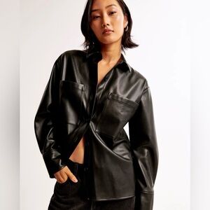 Abercrombie & Fitch Oversized Black Vegan Faux Leather Shirt Jacket Womens Large